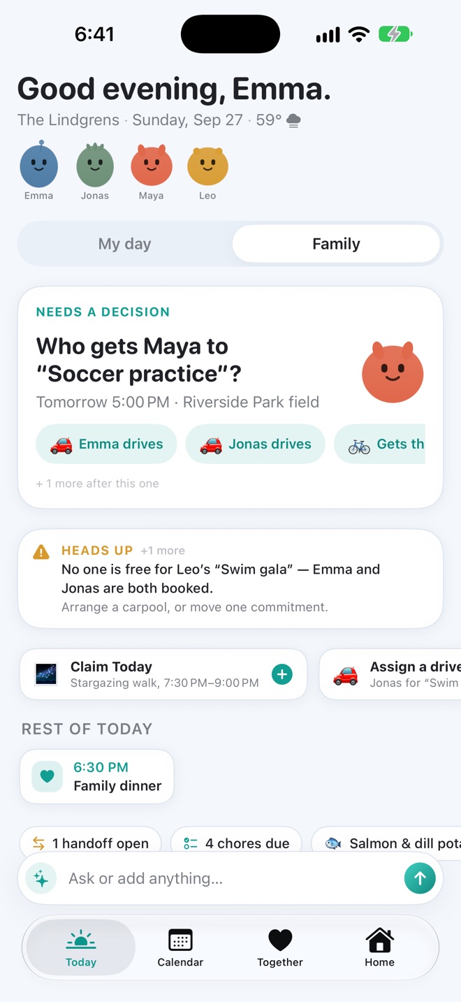 Kin's Today screen: who drives, what clashes and what is due today