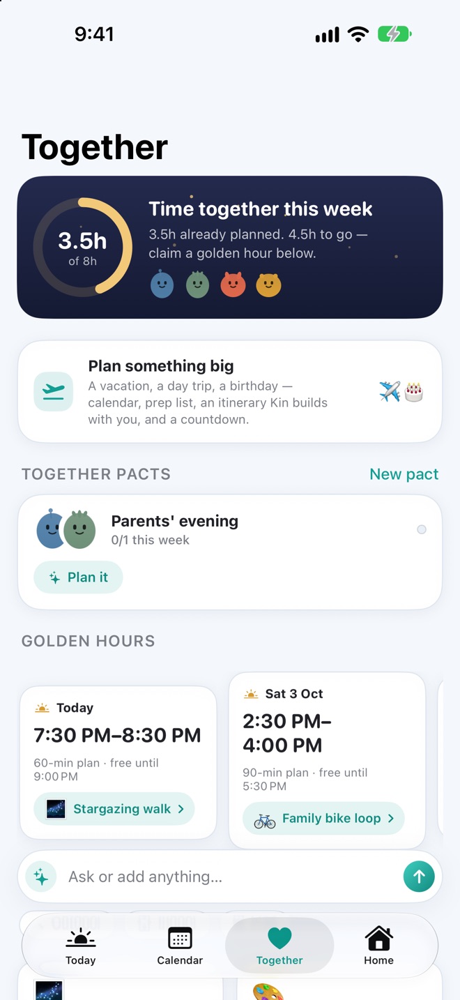 Kin's Together screen showing hours the whole family is free